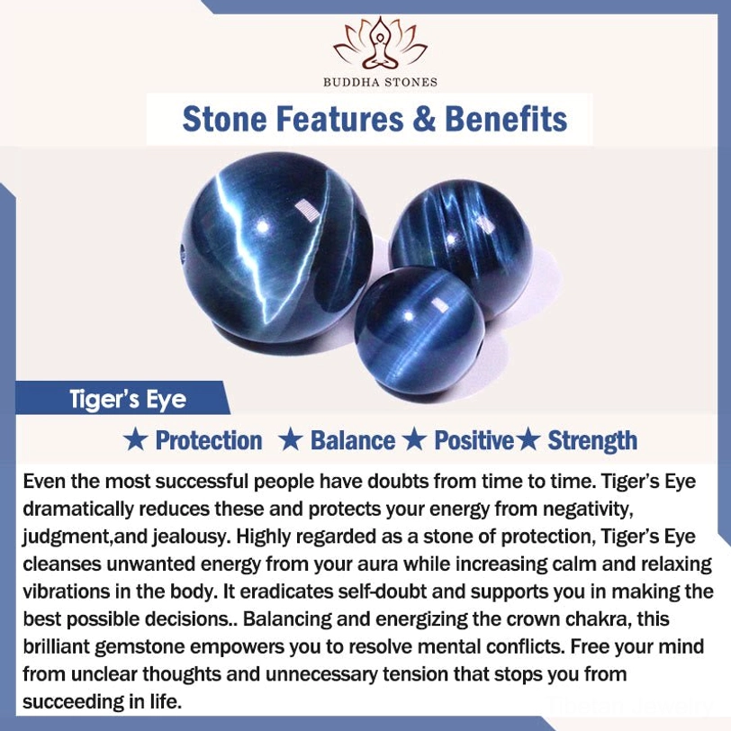 Blue tiger eye stone introduction showing protection balance positive strength benefits for spiritual practice and meditation