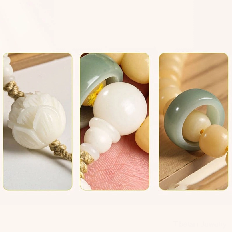 Macro close-up of bodhi seed bracelet components showing carved white lotus charm and jade spacer