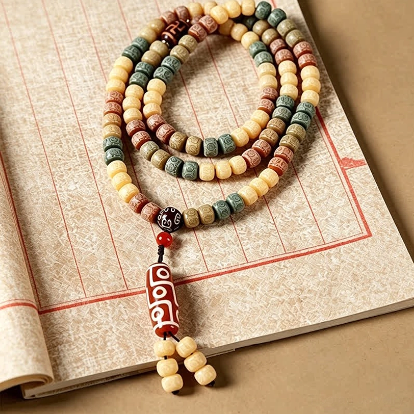 Hand-woven bodhi seed mala with detailed dzi bead pendant and bead tassel displayed on antique book flat lay