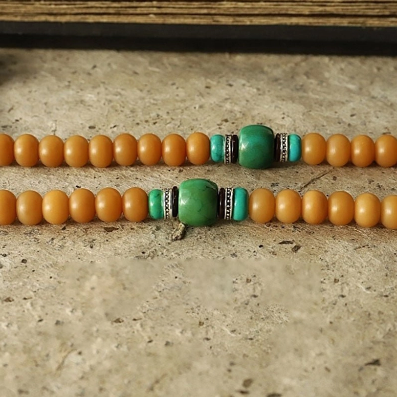 Bodhi seed 108 mala bracelet with Bagua vajra protection talisman and turquoise stone inlays traditional Tibetan Buddhist jewelry