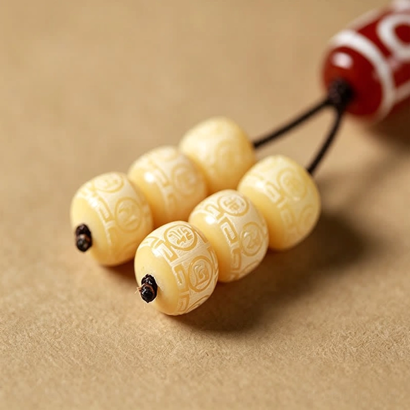 Bodhi seed mala 108 beads with dzi bead pendant and bead tassel displayed as spiritual prayer beads bracelet