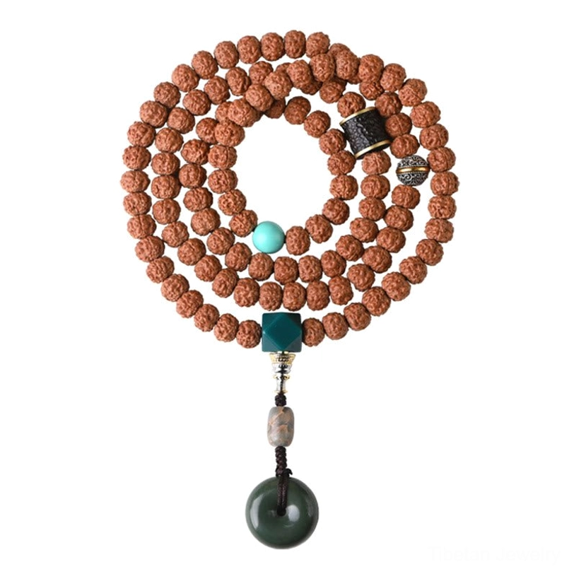 Bodhi seed 108 prayer mala with three-eye Dzi bead and Vajra charm for Buddhist practice