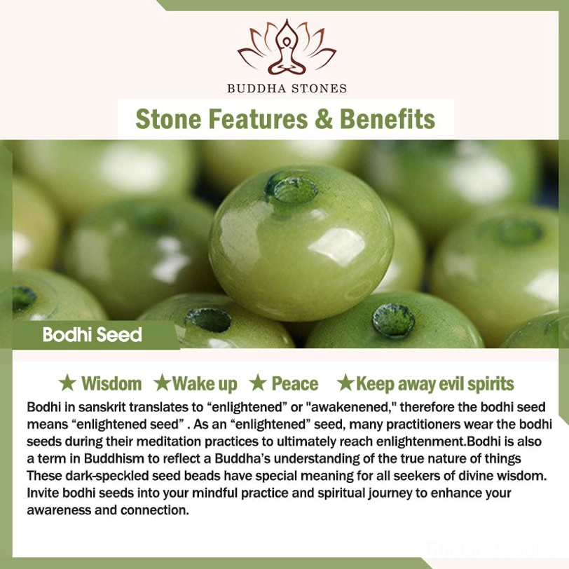 Bodhi seed benefits infographic - wisdom, peace, ward off evil spirits icon showing natural green bodhi seeds