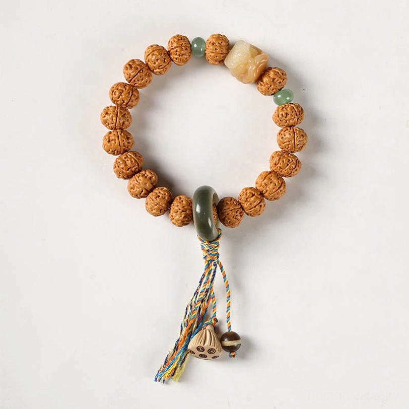 Bodhi seed bracelet with Dzi bead lion design and spiritual protection amulet charm