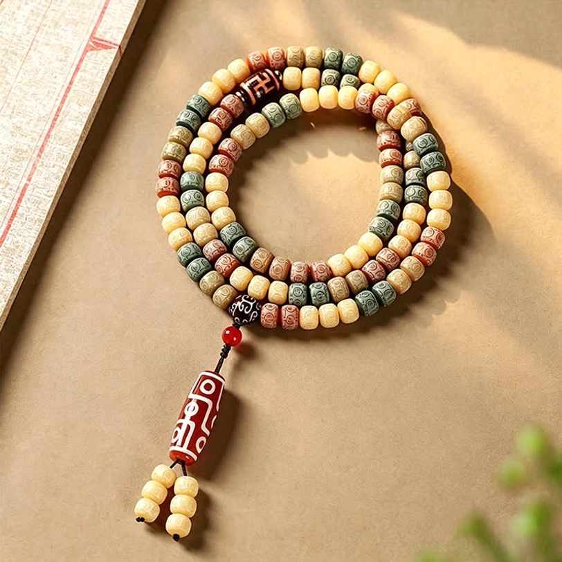 108 bodhi seed mala beads with tibetan dzi pendant displayed in overhead flat lay on warm wooden surface with meditation decor