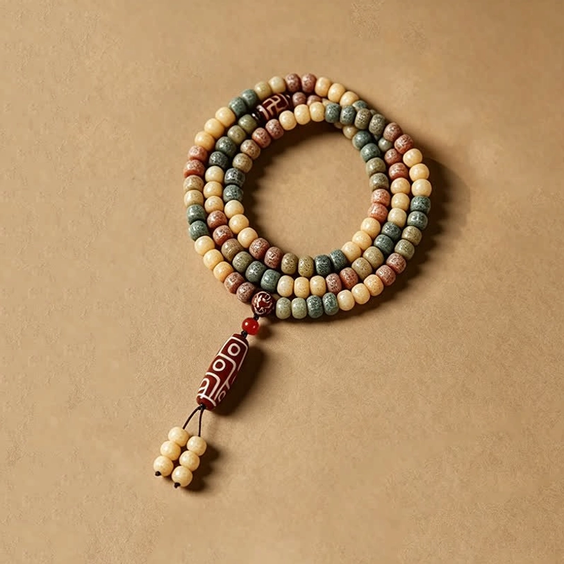 Bodhi seed 108 bead mala necklace with long dzi bead pendant and tassel on warm beige background overhead shot