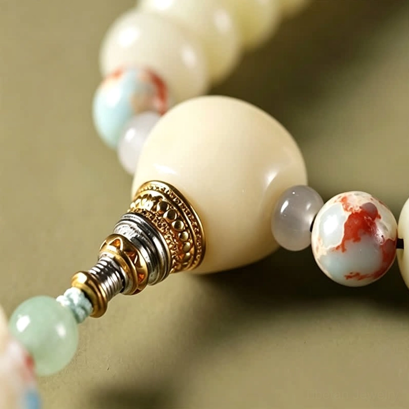 Natural white bodhi seed mala beads arranged showing authentic craftsmanship and spiritual energy