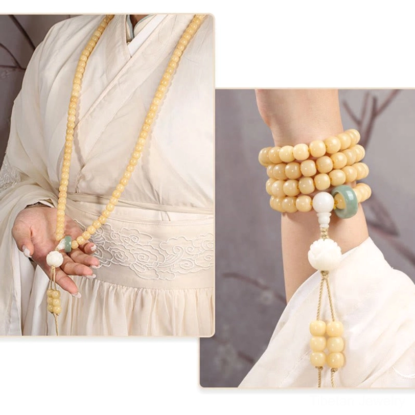 Tibetan bodhi seed jewelry set showing long mala necklace and multi-wrap bracelet with tassel