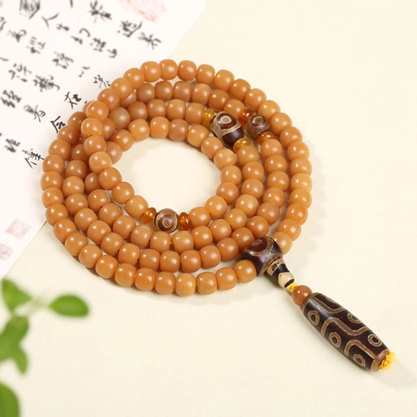 Bodhi seed and nine-eye dzi bead bracelet featuring authentic hand-painted protective stones