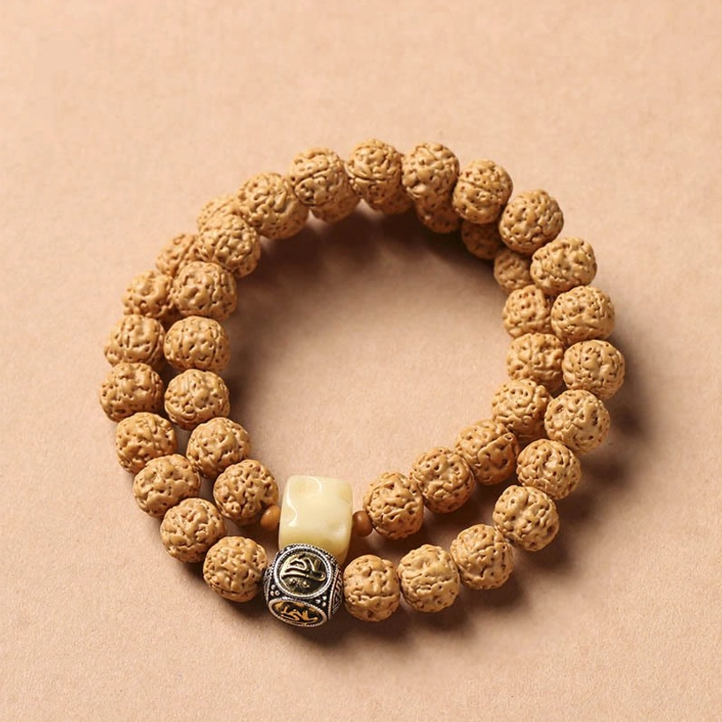 Small loop Bodhi seed bracelet with three-eye Dzi bead and double wrap spiritual design