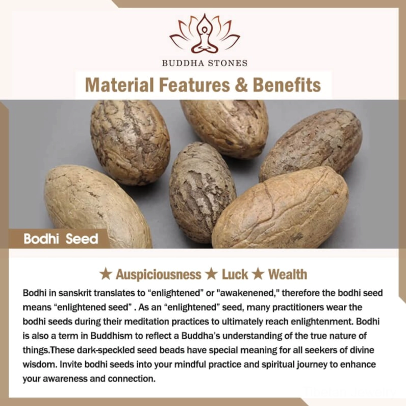Bodhi seed material and spiritual significance graphic explaining auspiciousness, luck, wealth, and enlightenment symbolism