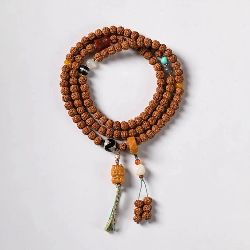 Bodhi seed bracelet with three-eye Dzi bead multi-circle design for Buddhist meditation practice