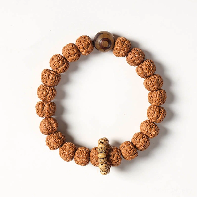 Bodhi seed bracelet with three-eye Dzi protective amulet and spiritual charm accessories