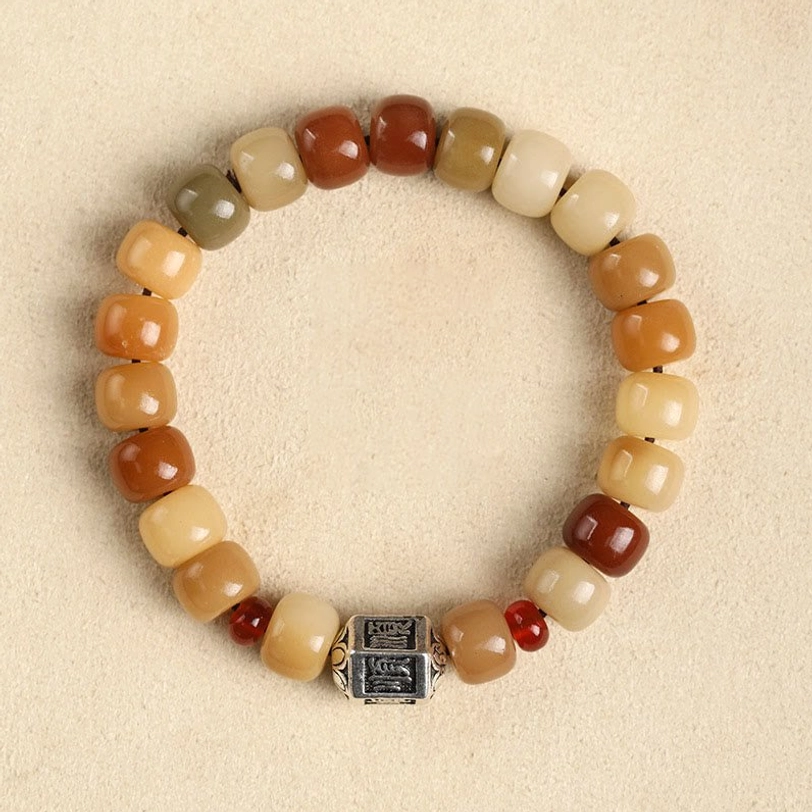 Bodhi seed smooth character bead bracelet with gradient earthy tones, featuring natural barrel beads and decorative metal focal element