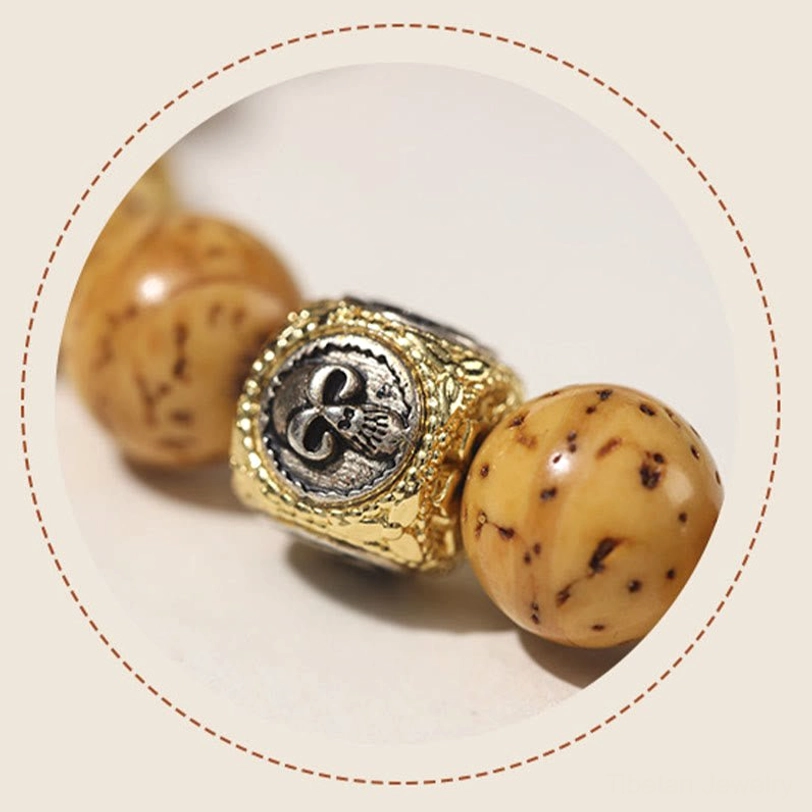 Purple Gold Rat Bodhi seed bracelet worn on wrist in everyday setting showing comfort and style versatility