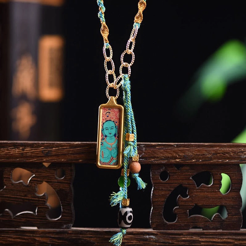 Green Bodhisattva Tara tibetan necklace pendant titanium steel with protective spiritual symbolism
