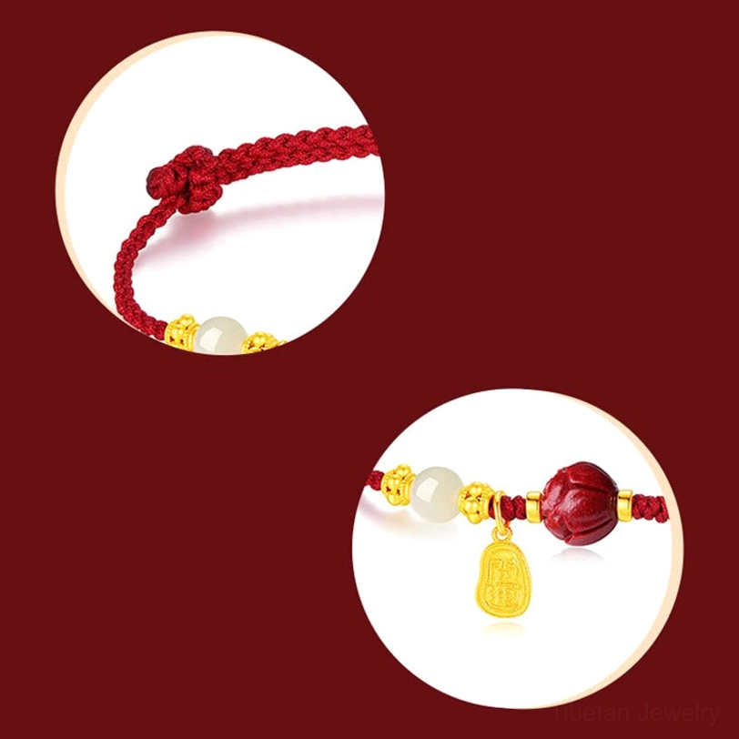 Close-up detail of braided red cord knot and cinnabar lotus bead cluster