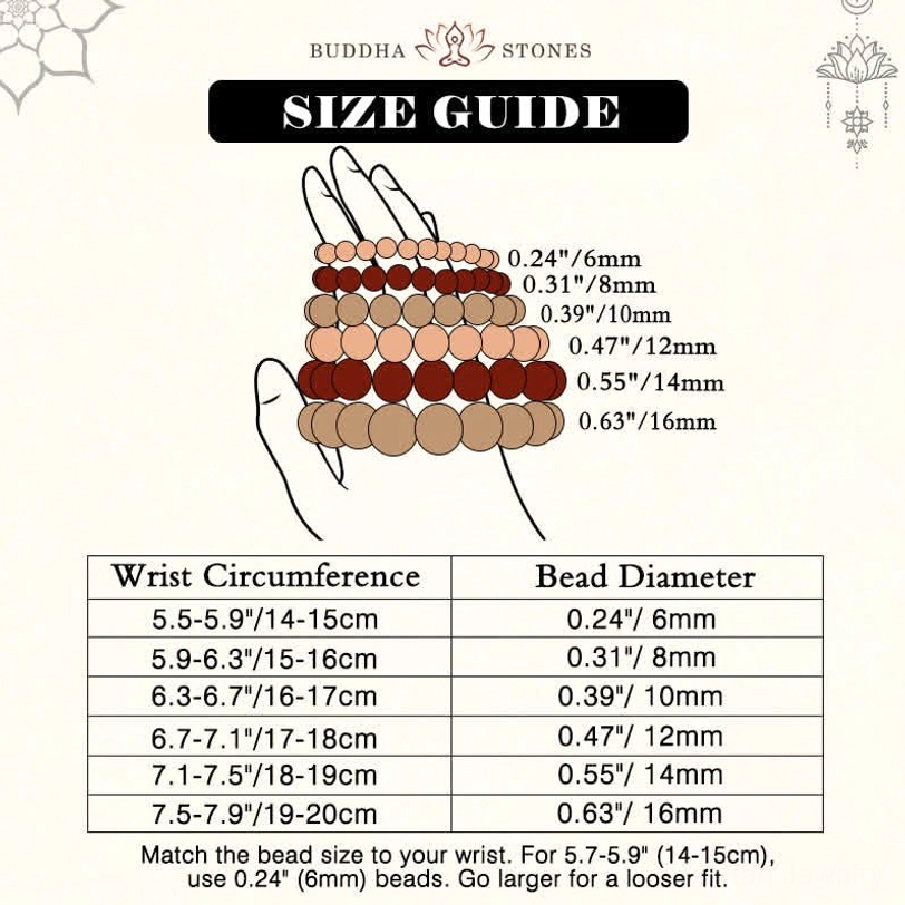Bracelet size reference chart with wrist circumference measurements and bead diameter comparison
