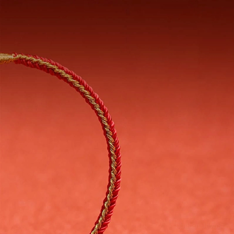 Partial close-up of red and gold braided Tibetan zodiac bracelet showing cord texture and pattern