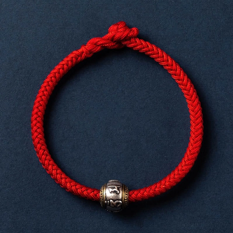 Bright red Om Mani Padme Hum Tibetan bracelet variant with sterling silver mantra charm