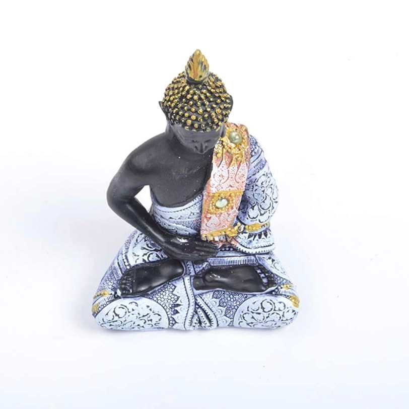Tibetan Buddha earth-touching mudra statue, blue and white robes with gold accents, embossed floral design, handmade resin feng shui sacred decoration
