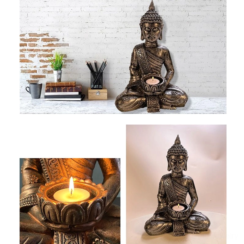 Seated Buddha candle holder with dark metal-like finish on living room shelf display, empty candleholder surrounded by home decor