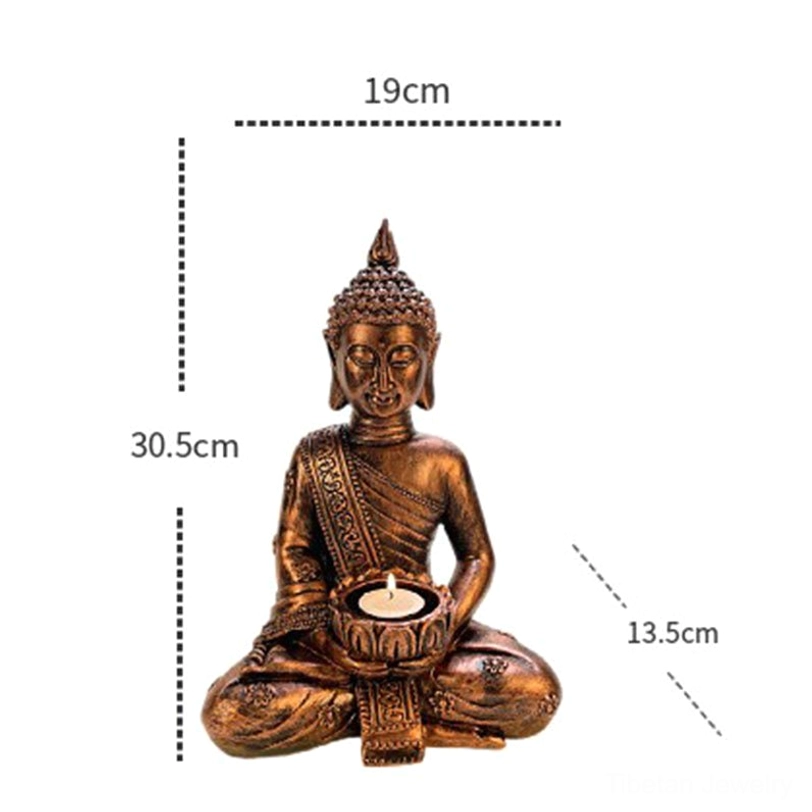 Handcrafted resin Buddha candle holder with dimension specifications on white background, showing seated meditation pose