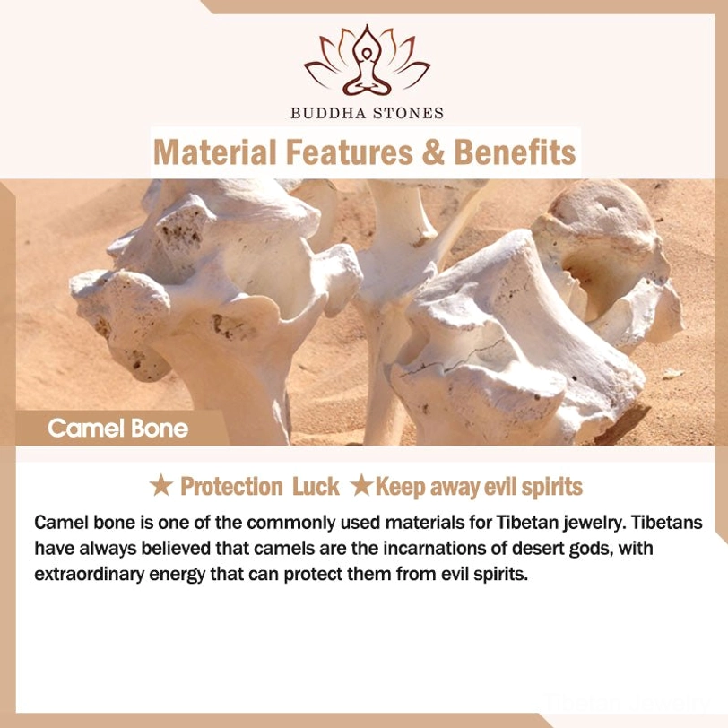 Camel bone material information card for Tibetan jewelry - desert heritage, protection, luck, and evil repelling properties explained