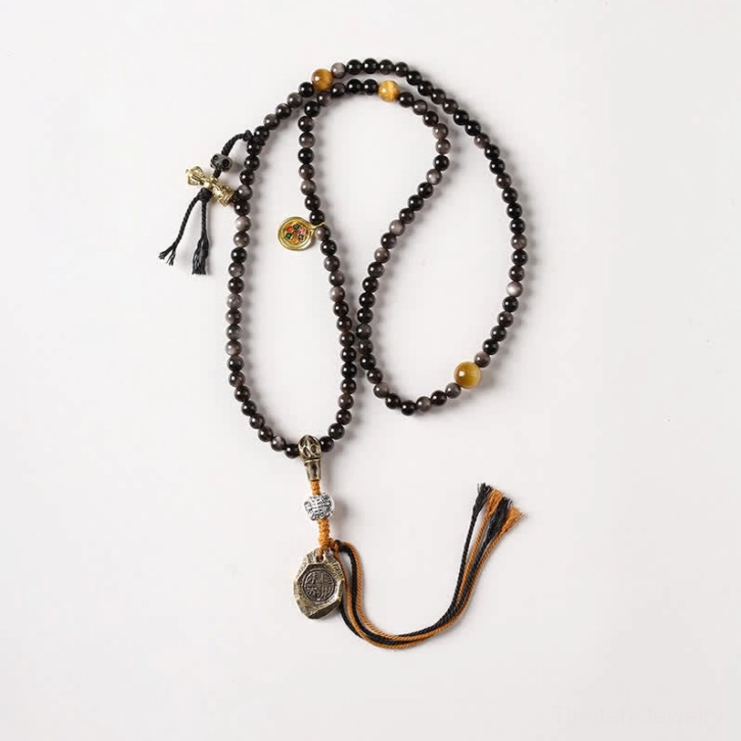 Changle Weiyang style silver sheen obsidian necklace with dual-tone tassel and engraved metal pendant