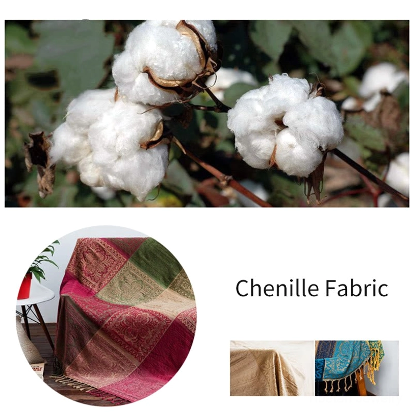 Natural chenille fabric material close-up showing cotton and polyester blend components used in authentic Tibetan handwoven blankets