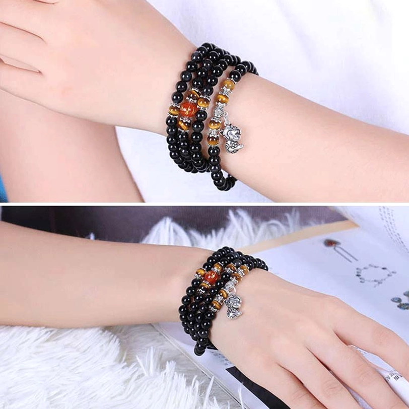 Chinese zodiac mala bracelet with black obsidian and tiger eye beads, spiritual protection talisman