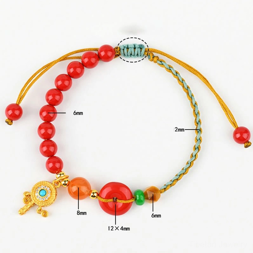 Cinnabar peace buckle bracelet detailed dimension chart showing bead sizes and braided rope measurements