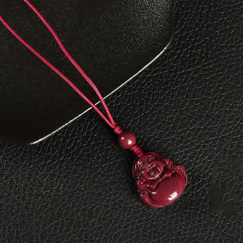 Cinnabar Buddha phone hanging decoration with wine red rope and smiling Maitreya carving