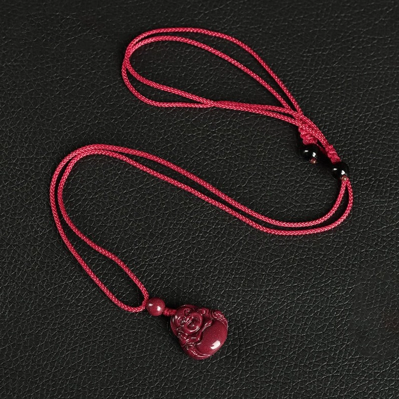 Handcrafted cinnabar Maitreya Buddha lanyard pendant in wine red with decorative cord