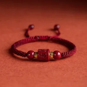 Handwoven Cinnabar Om Mani Padme Hum Tibetan blessing bracelet with wine-red braided cord and engraved mantra bead - front flat view showing adjustable pull knot closure