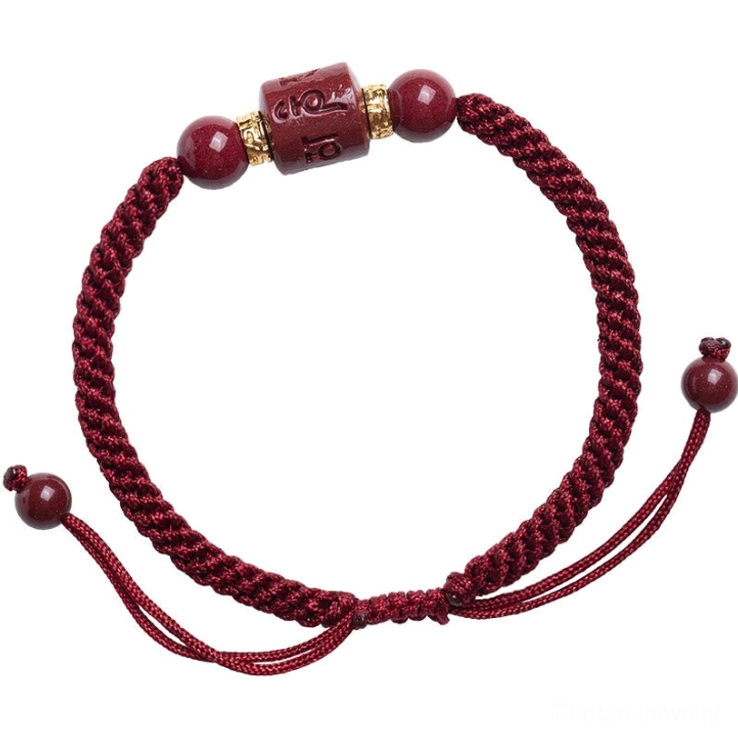 Cinnabar Om Mani Padme Hum Tibetan blessing bracelet - natural stone beads and traditional red cord protection talisman