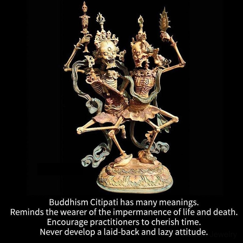 Bronze Citipati ritual statue showing dual skeleton deities with spiritual implements and carved base