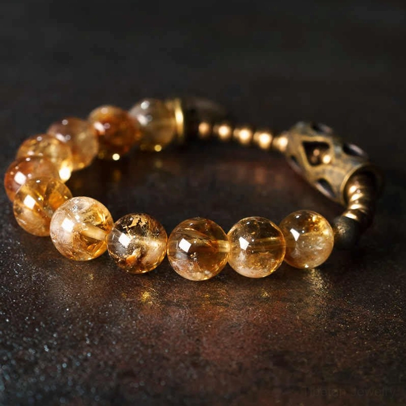 Citrine 10mm beaded protection bracelet with vintage spiral charm and copper clasp, premium elastic string design