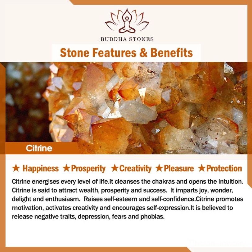 Citrine healing crystal stone promotional card displaying rough golden-yellow gemstone clusters and prosperity benefits