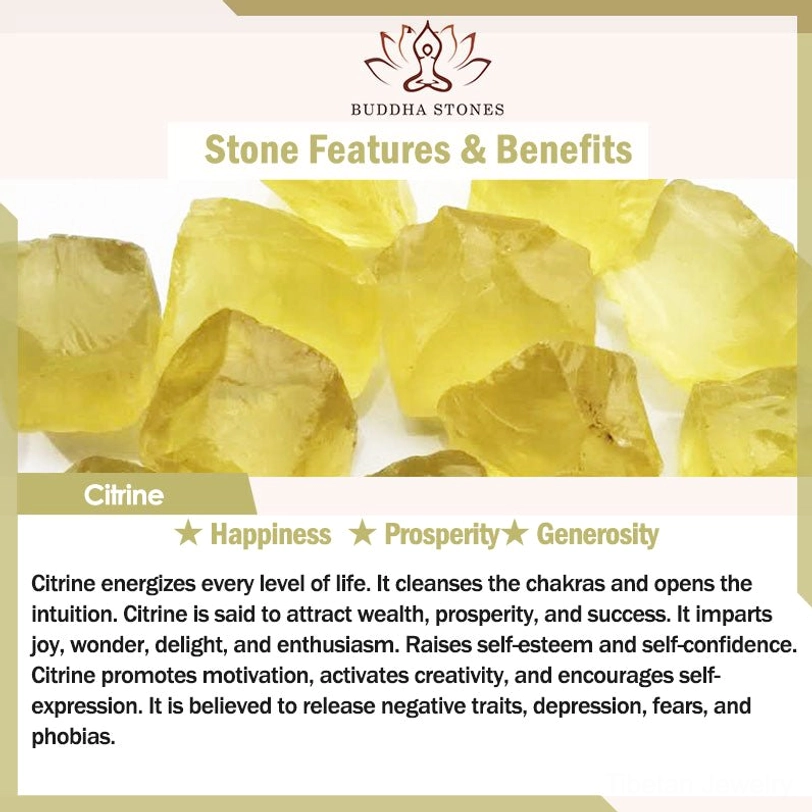 Citrine stone benefits infographic showing raw rough citrine crystals with Buddha Stones branding and listed properties