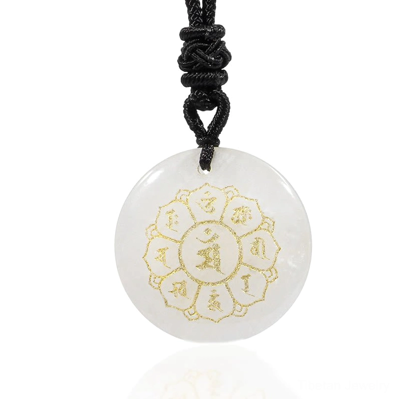 Clear quartz white crystal Om Mani Padme Hum pendant worn as spiritual meditation necklace