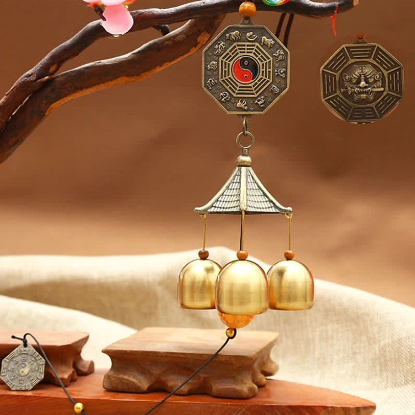 Colorful bagua yin yang wind chime with rainbow trigrams bronze plaque bagua coin three brass bells Tibetan decor