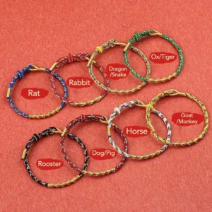 Complete set of 12 Chinese Zodiac Natal Buddha bracelets color-coded for each animal sign with labeled gold-finished knots