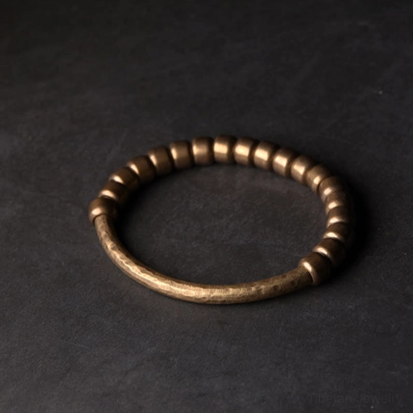 Handmade copper brass beaded bracelet with large 8mm beads, alternating round beads and hammered band in dark bronze finish