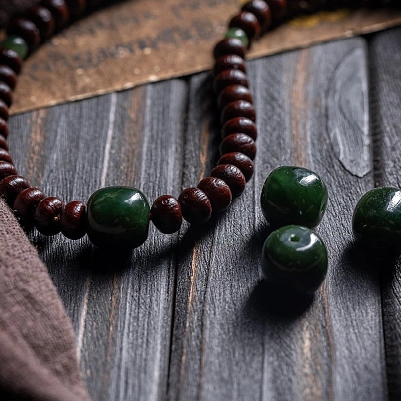 Tibetan copper dorje vajra symbol on 108 mala bracelet representing spiritual protection