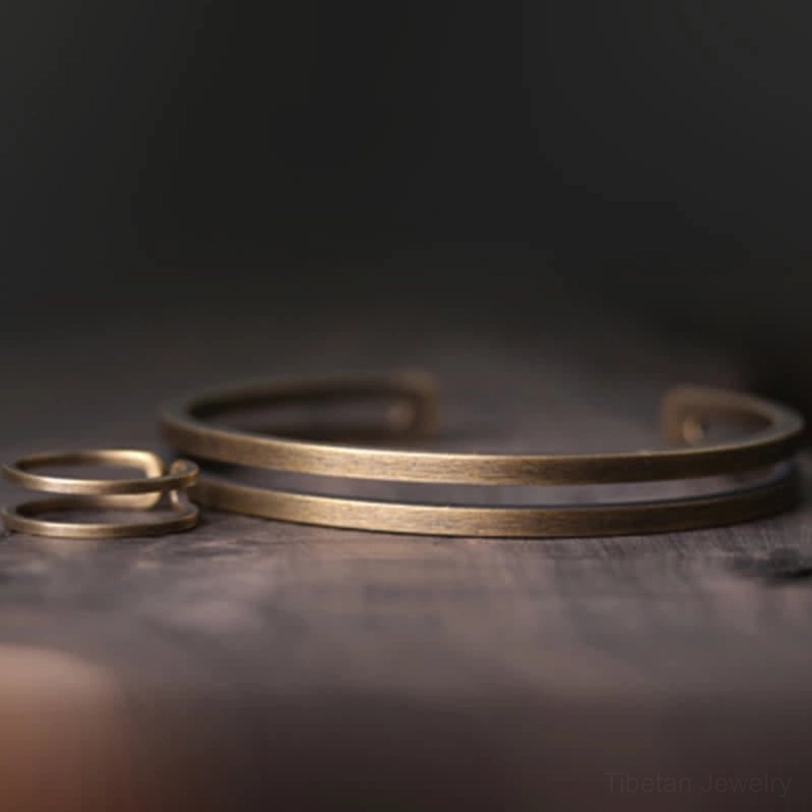 Antique copper cuff bracelet with matching thin rings set, coordinated Viking jewelry collection