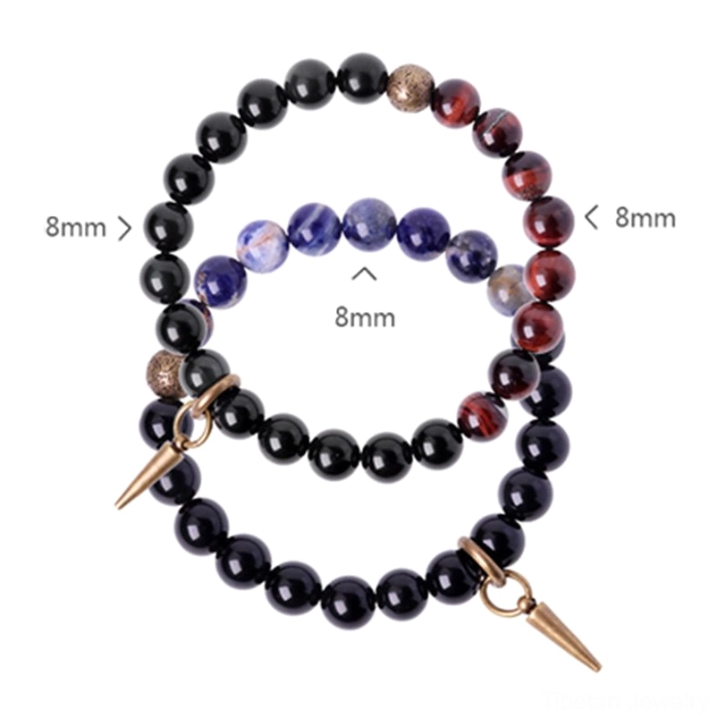 Two matching 8mm stone bead bracelets with black obsidian and red accents on white background with size indicators - unisex couple bracelet