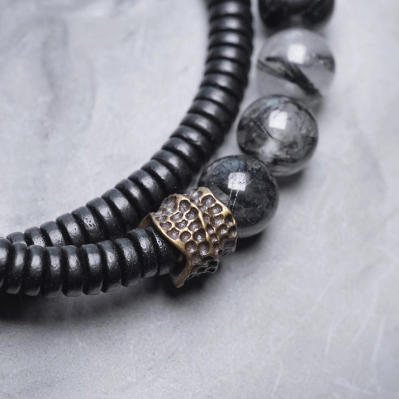 Black rutilated quartz ebony wood copper couple bracelet full product photography lifestyle