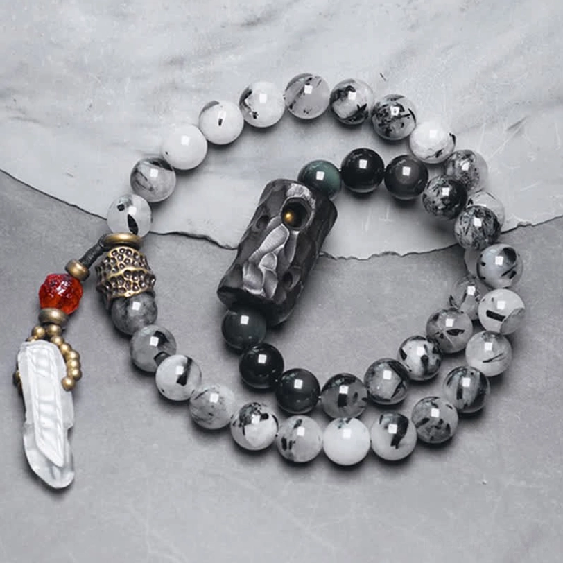 Black rutilated quartz ebony wood couple bracelet set with clear crystal charm metal accents