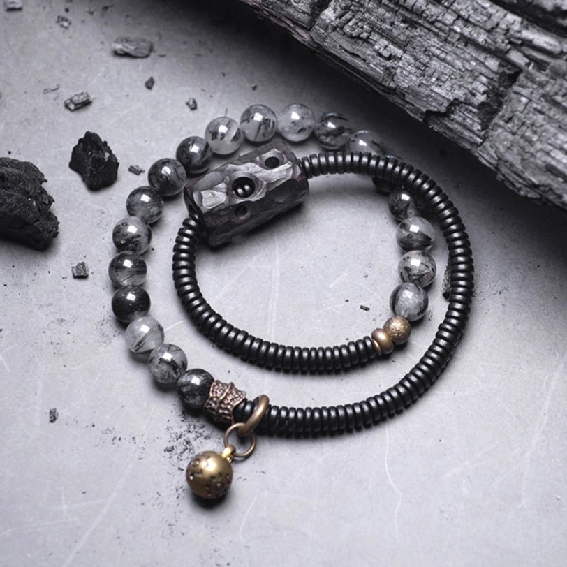 Double-strand couple bracelet set with black rutilated quartz stones and carved ebony wooden piece
